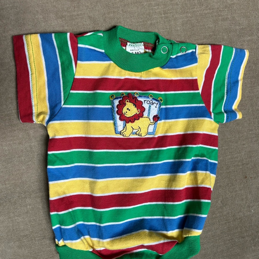 Vintage Healthtex 3M 6M Primary Color Block Striped Bodysuit Lion Roar! Short Sl